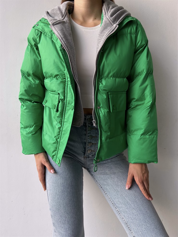 Fermuar ve Çıtçıt Kapamalı Yanları Cepli Rony Kadın Yeşil Mont 23K000275