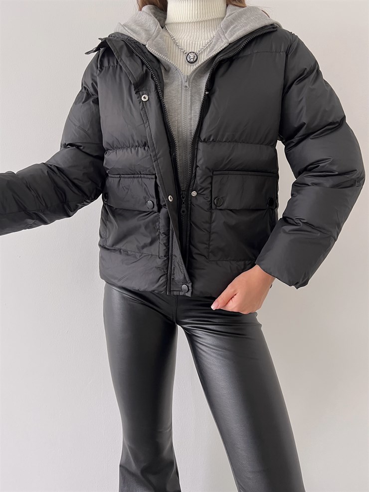 Fermuar ve Çıtçıt Kapamalı Yanları Cepli Rony Kadın Siyah Mont 23K000275