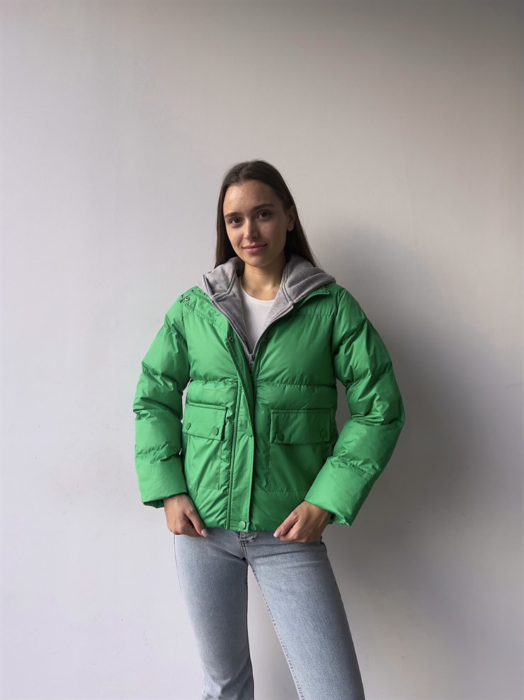 Fermuar ve Çıtçıt Kapamalı Yanları Cepli Rony Kadın Yeşil Mont 23K000275