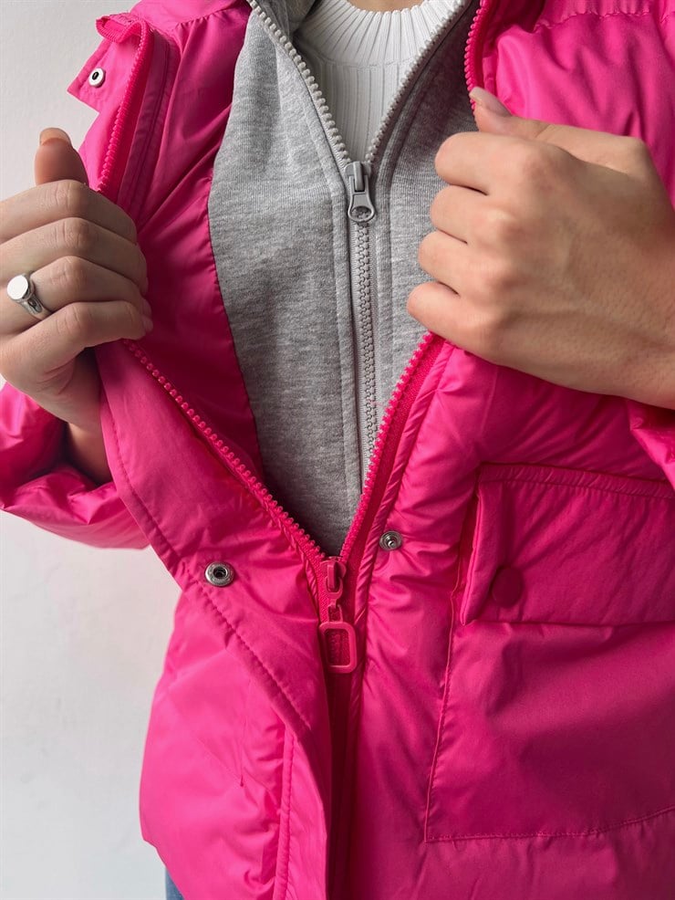 Fermuar ve Çıtçıt Kapamalı Yanları Cepli Rony Kadın Fuşya Mont 23K000275