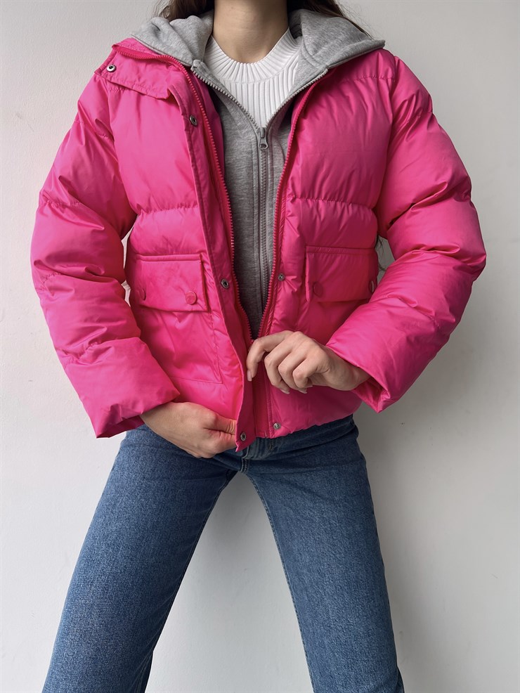 Fermuar ve Çıtçıt Kapamalı Yanları Cepli Rony Kadın Fuşya Mont 23K000275