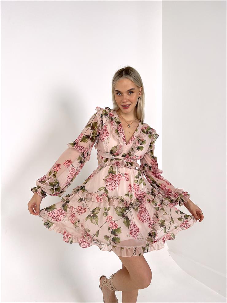 V Yaka Sırtı İp Bağlamalı Bel Pencereli Rosa Kadın Pudra Mini Elbise 23Y000155