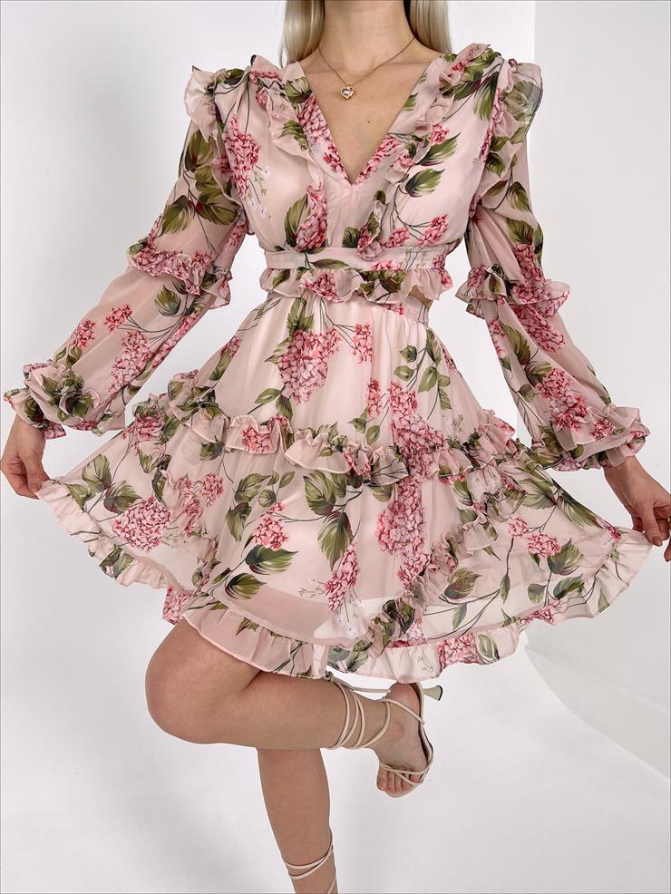 V Yaka Sırtı İp Bağlamalı Bel Pencereli Rosa Kadın Pudra Mini Elbise 23Y000155