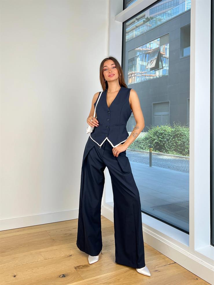 Yüksek Bel Önü Pens Detaylı Bol Kesim Rosal Kadın Lacivert Pantolon 24Y852