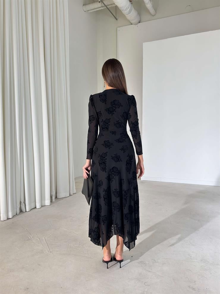 Desenli Tül Pencereli Drapeli Asimetrik Kesim Rosaly Siyah Kadın Elbise 26K409