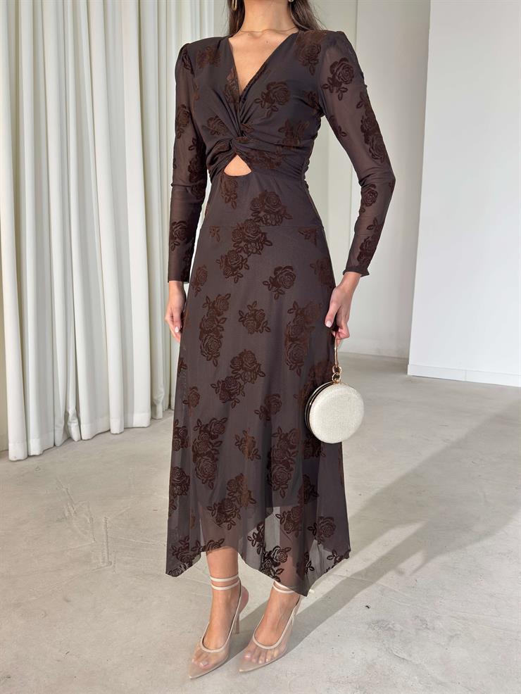 Desenli Tül Pencereli Drapeli Asimetrik Kesim Rosaly Kahve Kadın Elbise 26K409