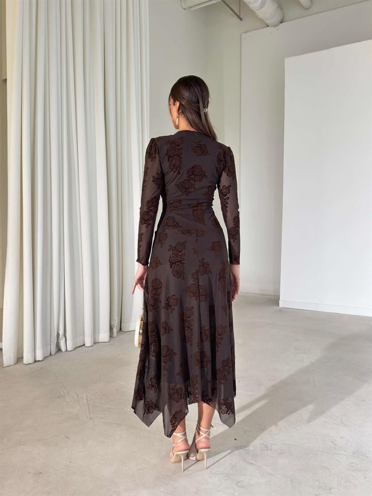 Desenli Tül Pencereli Drapeli Asimetrik Kesim Rosaly Kahve Kadın Elbise 26K409