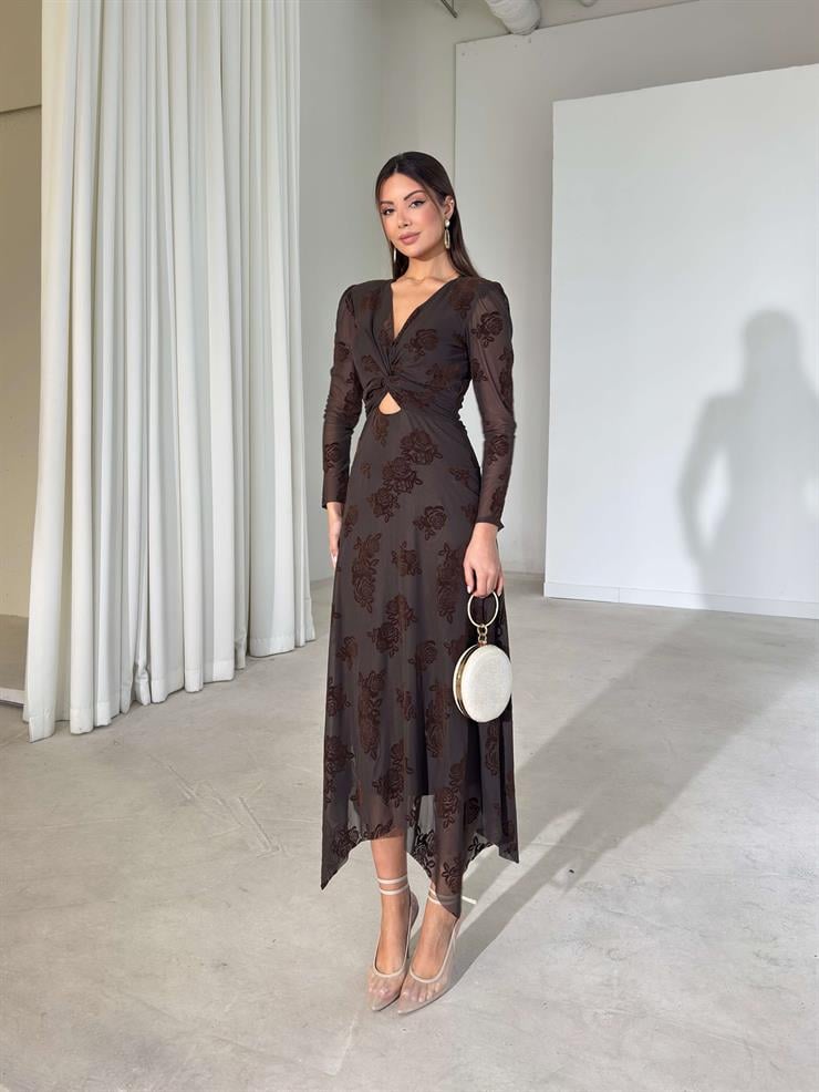 Desenli Tül Pencereli Drapeli Asimetrik Kesim Rosaly Kahve Kadın Elbise 26K409