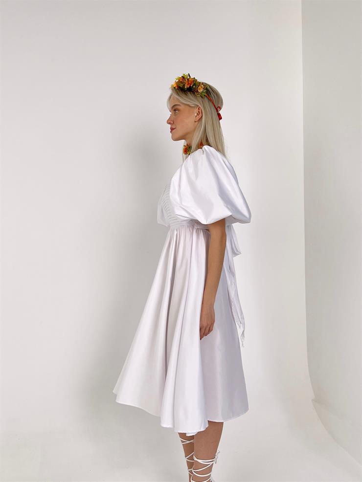 Kare Yaka Kısa Balon Kol Sırtı Bağlama Detaylı Roseway Kadın Beyaz Midi Elbise 23Y000151