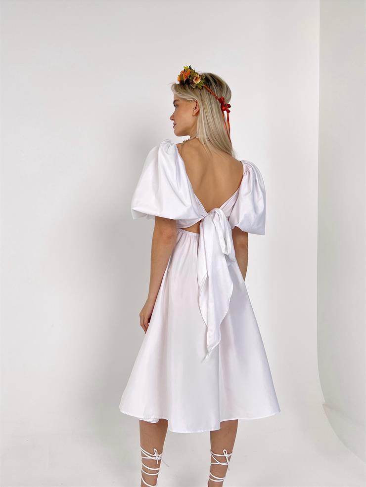 Kare Yaka Kısa Balon Kol Sırtı Bağlama Detaylı Roseway Kadın Beyaz Midi Elbise 23Y000151