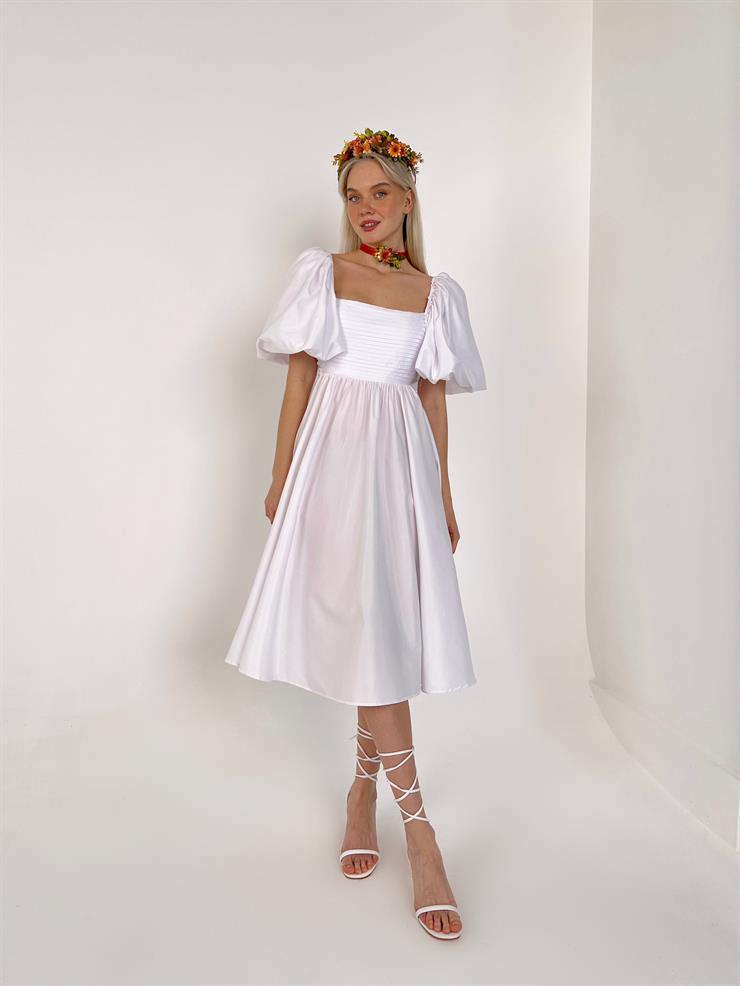 Kare Yaka Kısa Balon Kol Sırtı Bağlama Detaylı Roseway Kadın Beyaz Midi Elbise 23Y000151