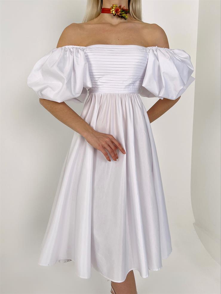 Kare Yaka Kısa Balon Kol Sırtı Bağlama Detaylı Roseway Kadın Beyaz Midi Elbise 23Y000151