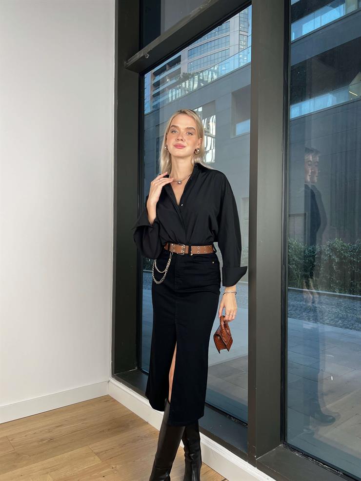 Yüksek Bel Önü Yırtmaçlı Rossana Kadın Siyah Kot Etek 24k291