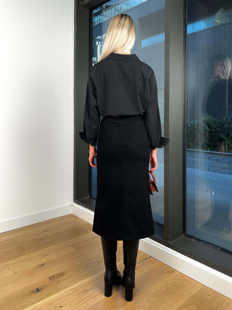 Yüksek Bel Önü Yırtmaçlı Rossana Kadın Siyah Kot Etek 24k291