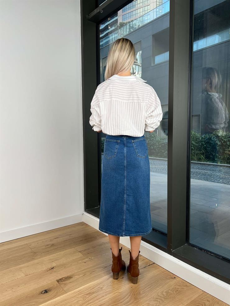 Yüksek Bel Önü Yırtmaçlı Rossana Kadın Mavi Kot Etek 24k291