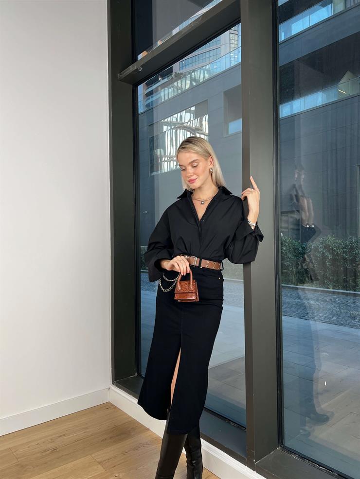 Yüksek Bel Önü Yırtmaçlı Rossana Kadın Siyah Kot Etek 24k291