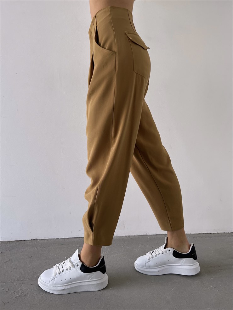 Yüksek Bel Yanları Cepli Rossi Kadın Camel Pantolon 23K000268