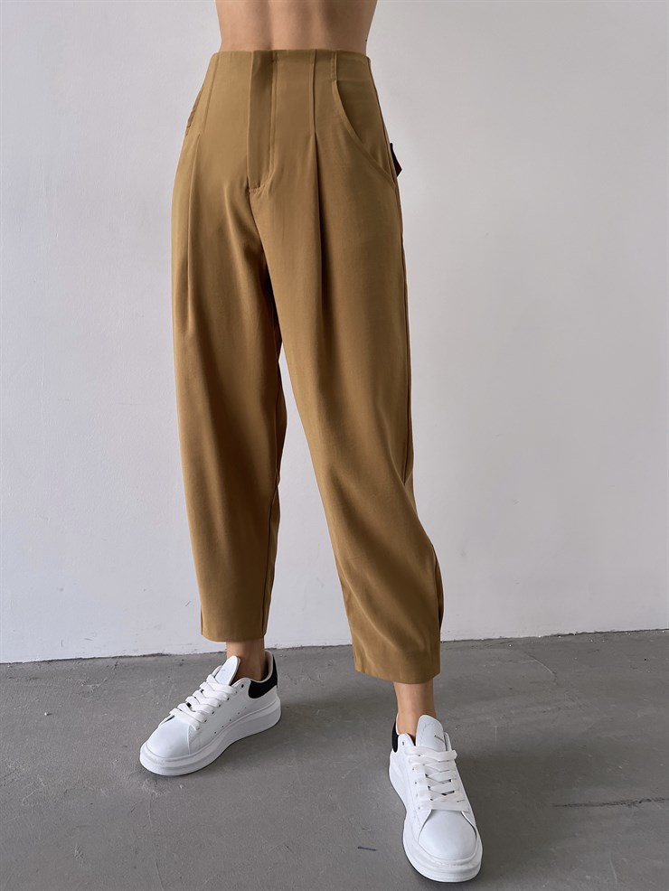 Yüksek Bel Yanları Cepli Rossi Kadın Camel Pantolon 23K000268