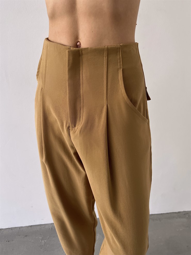 Yüksek Bel Yanları Cepli Rossi Kadın Camel Pantolon 23K000268