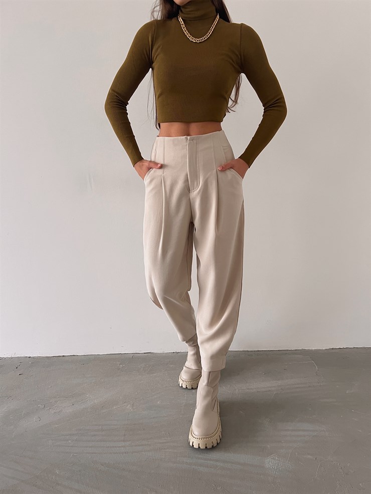 Yüksek Bel Yanları Cepli Rossi Kadın Taş Pantolon 23K000268