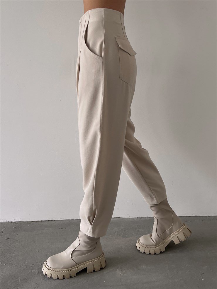 Yüksek Bel Yanları Cepli Rossi Kadın Taş Pantolon 23K000268