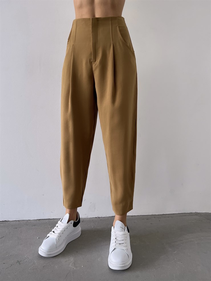 Yüksek Bel Yanları Cepli Rossi Kadın Camel Pantolon 23K000268