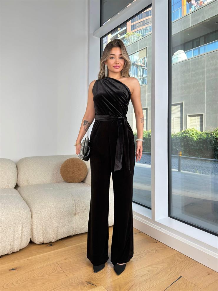 Tek Omuz Askılı Drapeli Rossi Siyah Kadın Kadife Tulum 25K431