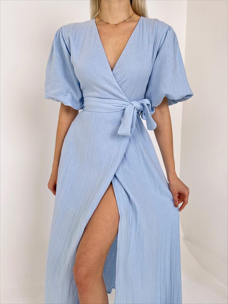 Kruvaze Yaka Belden Kuşak Bağlamalı Yandan Yırtmaçlı Rowena Kadın Mavi Elbise 23Y000154