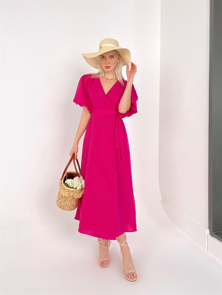 Kruvaze Yaka Belden Kuşak Bağlamalı Yandan Yırtmaçlı Rowena Kadın Fuşya Elbise 23Y000154