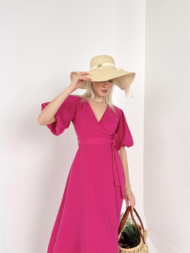Kruvaze Yaka Belden Kuşak Bağlamalı Yandan Yırtmaçlı Rowena Kadın Fuşya Elbise 23Y000154