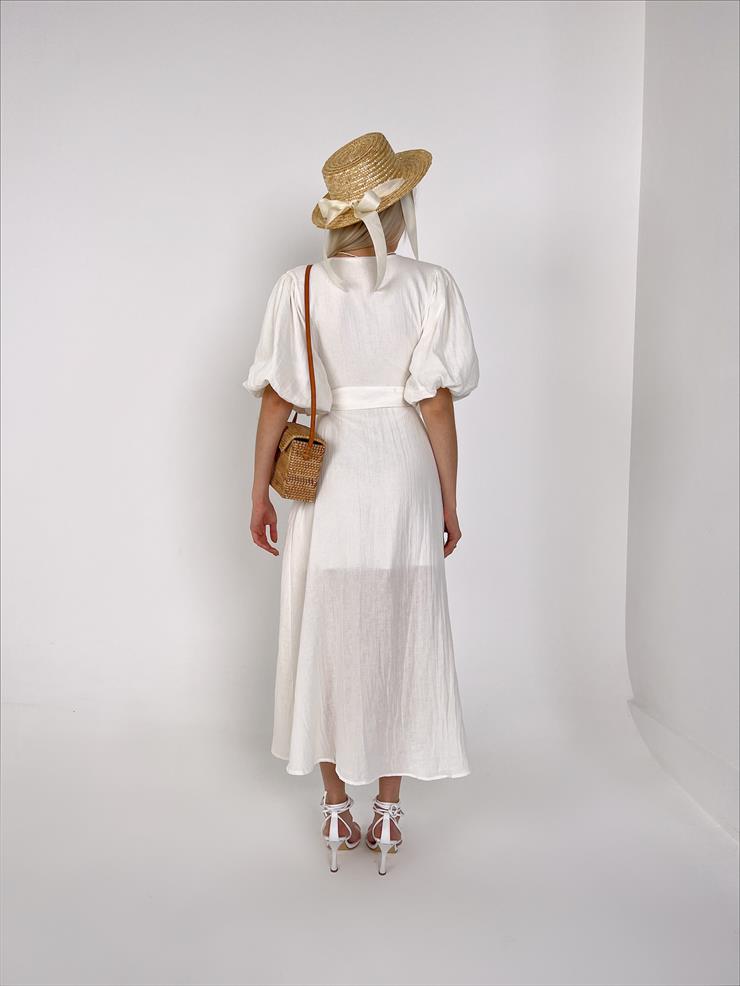 Kruvaze Yaka Belden Kuşak Bağlamalı Yandan Yırtmaçlı Rowena Kadın Ekru Elbise 23Y000154