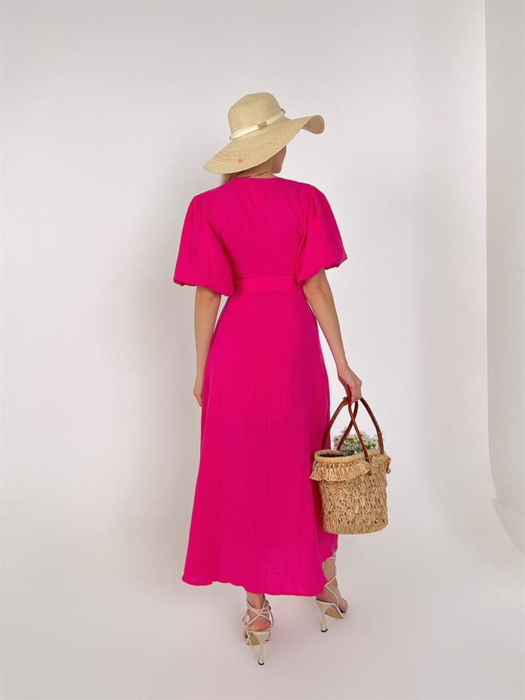 Kruvaze Yaka Belden Kuşak Bağlamalı Yandan Yırtmaçlı Rowena Kadın Fuşya Elbise 23Y000154