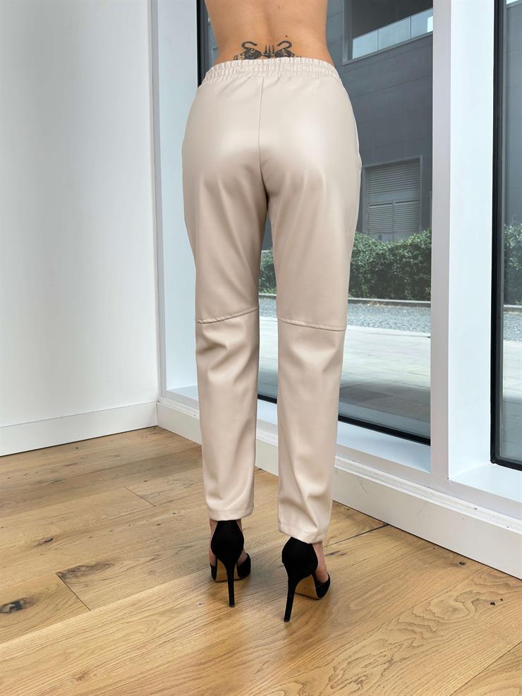 Beli Lastikli Ve Bağcıklı Dar Paça Roxana Vizon Deri Kadın Pantolon 25K080