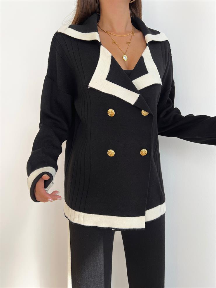 Asimetrik Yaka Önü Düğmeli Kazak Bol Paça Pantolon Roy Kadın Siyah Triko Takım 24k000026