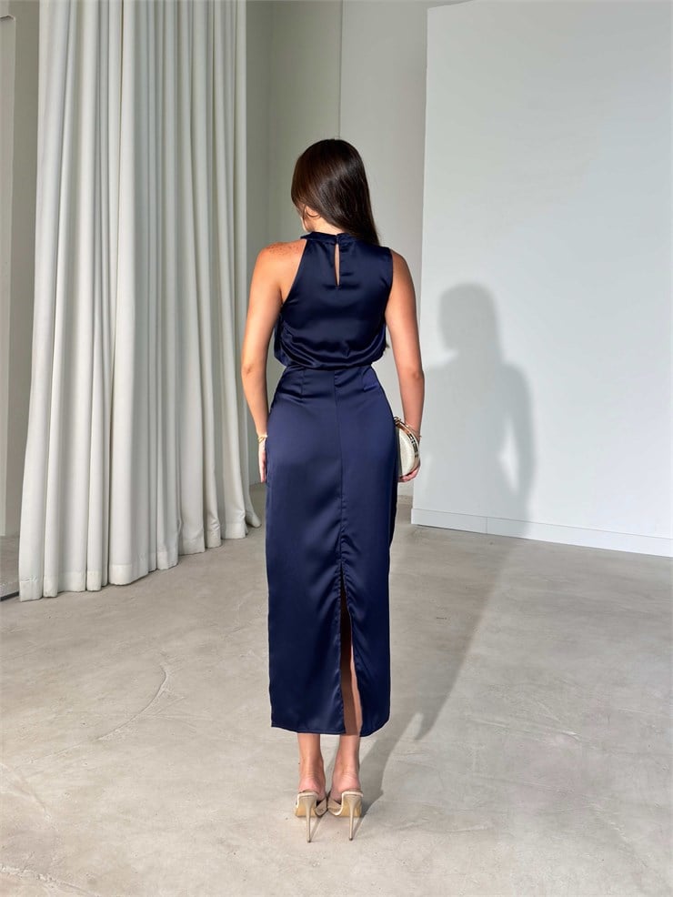 Drape Detaylı Maxi Boy Lacivert Roya Kadın Elbise 26Y519