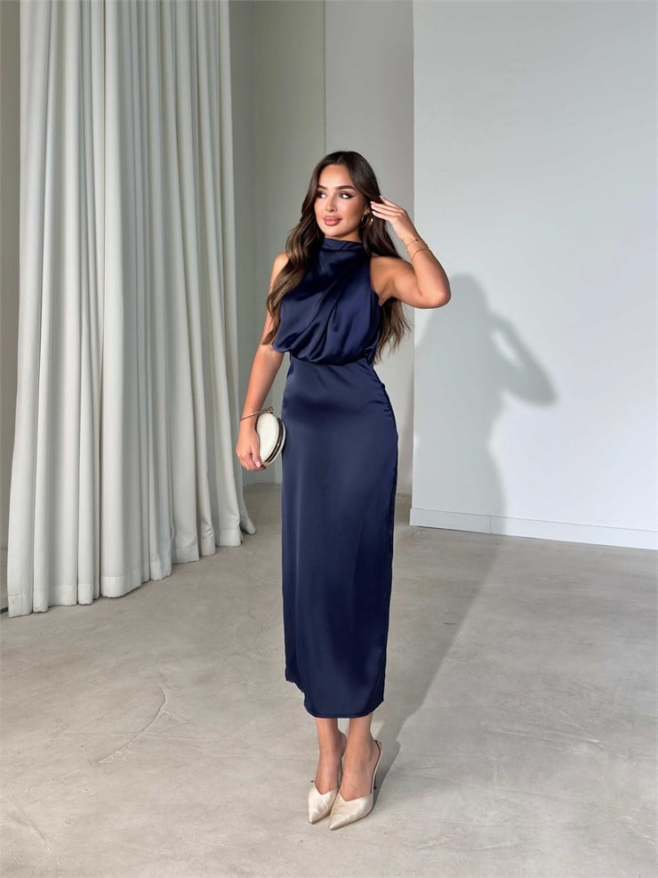 Drape Detaylı Maxi Boy Lacivert Roya Kadın Elbise 26Y519