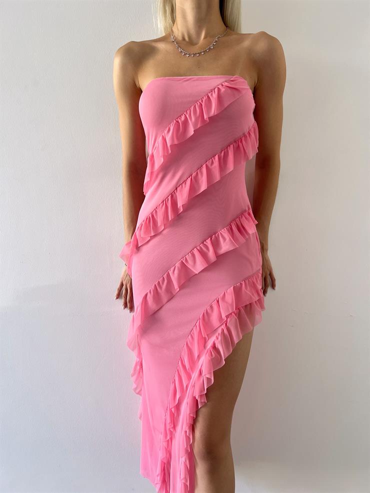 Straplez Fırfır Detaylı Ruan Kadın Pembe Midi Elbise 23Y000510