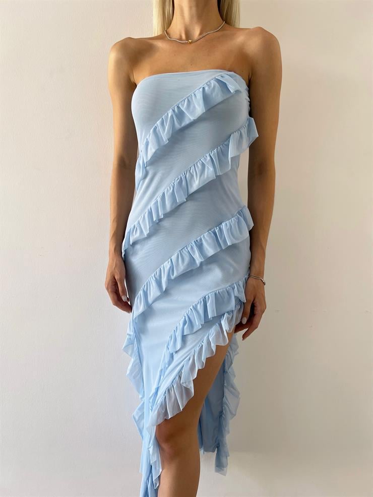 Straplez Fırfır Detaylı Ruan Kadın Bebe Mavisi Midi Elbise 23Y000510