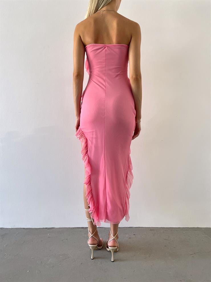 Straplez Fırfır Detaylı Ruan Kadın Pembe Midi Elbise 23Y000510