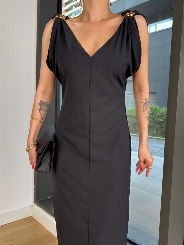 V Yaka Askısı Aksesuar Detaylı Rubel Siyah Kadın Elbise 25Y406