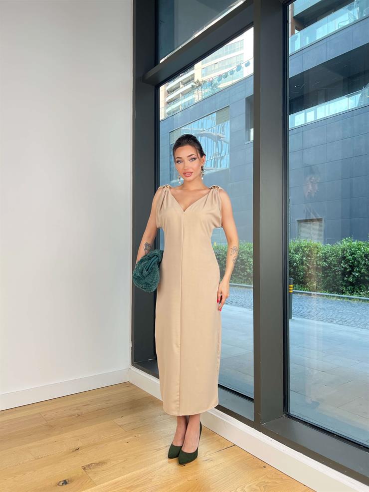 V Yaka Askısı Aksesuar Detaylı Rubel Taş Kadın Elbise 25Y406