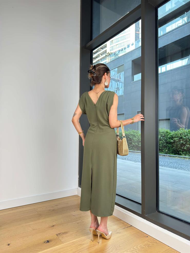 V Yaka Askısı Aksesuar Detaylı Rubel Haki Kadın Elbise 25Y406