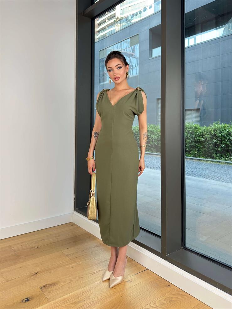 V Yaka Askısı Aksesuar Detaylı Rubel Haki Kadın Elbise 25Y406