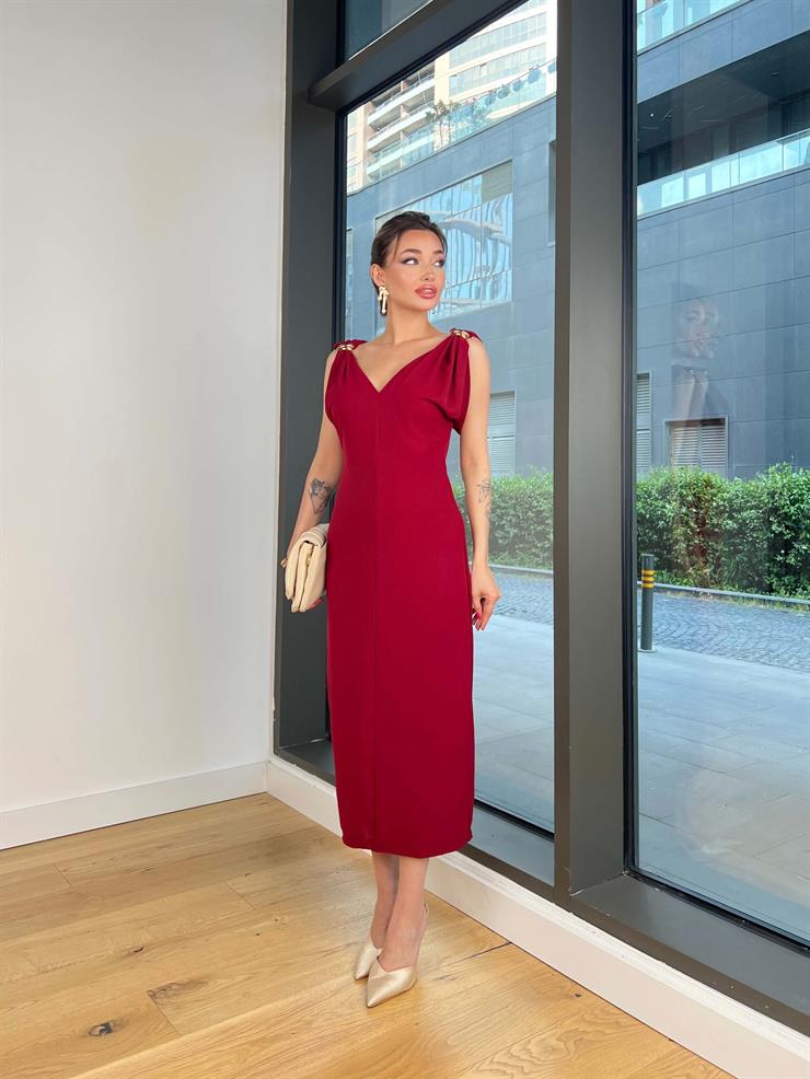 V Yaka Askısı Aksesuar Detaylı Rubel Bordo Kadın Elbise 25Y406