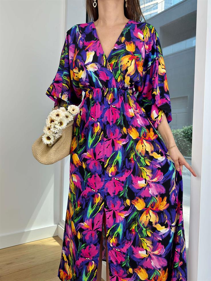 V Yaka Yarım Kol Ruben Kadın Renkli Çiçekli Uzun Elbise 24Y593