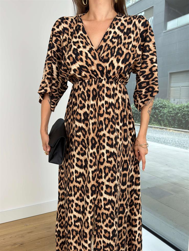 V Yaka Yarım Kol Ruben Kadın Leopar Desenli Uzun Elbise 24Y593