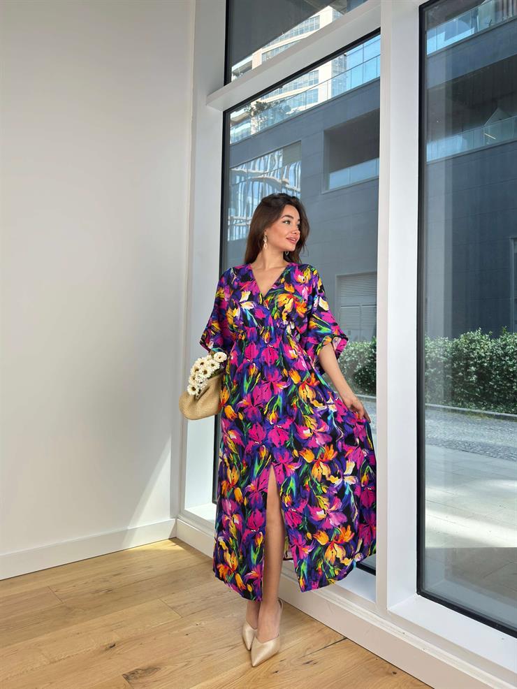 V Yaka Yarım Kol Ruben Kadın Renkli Çiçekli Uzun Elbise 24Y593