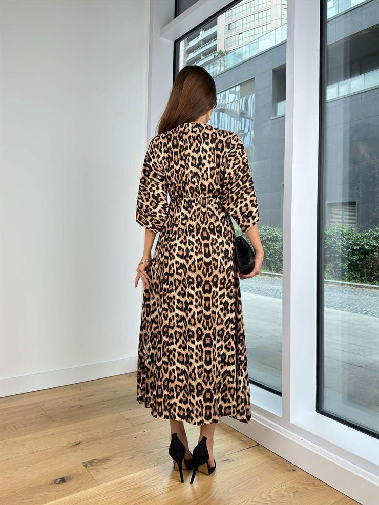 V Yaka Yarım Kol Ruben Kadın Leopar Desenli Uzun Elbise 24Y593