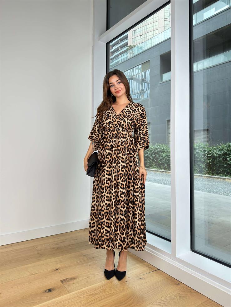 V Yaka Yarım Kol Ruben Kadın Leopar Desenli Uzun Elbise 24Y593