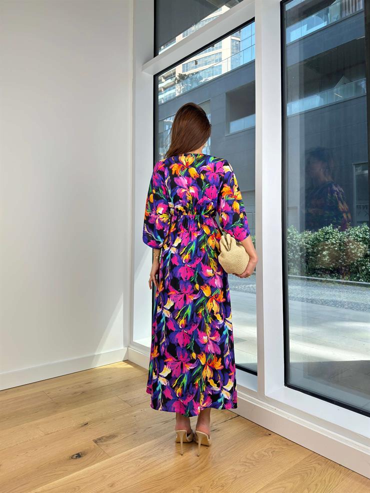 V Yaka Yarım Kol Ruben Kadın Renkli Çiçekli Uzun Elbise 24Y593